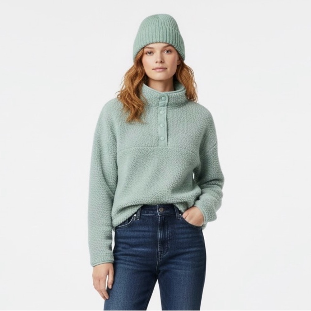 No Boundaries | Aqua Blue Quarter Snap Buttons Cowl Neck Sherpa Fleece Sweater